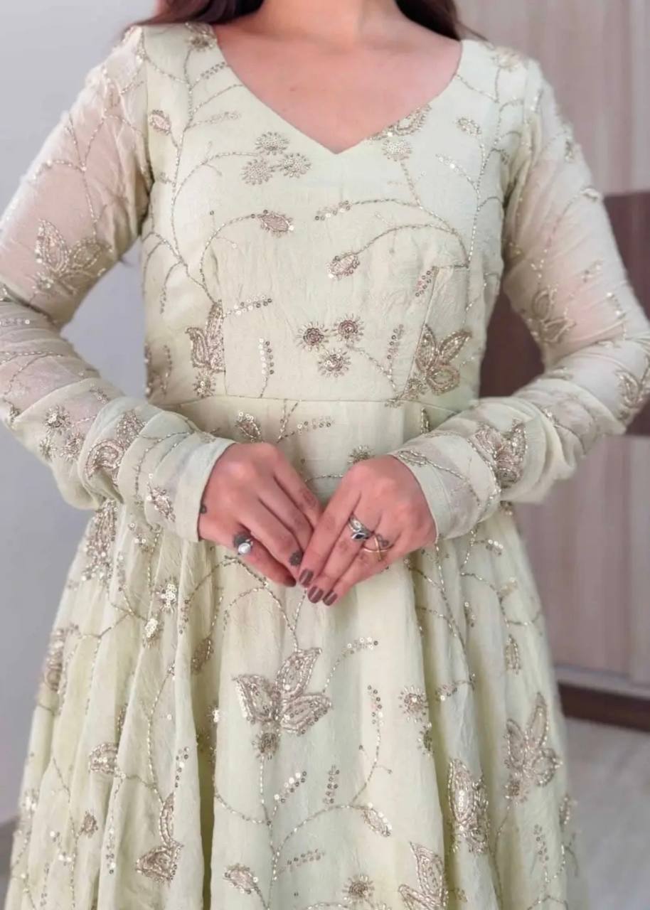 ROYAL IVORY FENDY SILK BASE EMBROIDERED ANARKALI GOWN