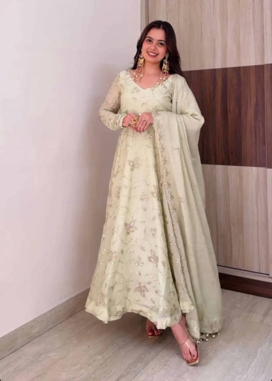 ROYAL IVORY FENDY SILK BASE EMBROIDERED ANARKALI GOWN