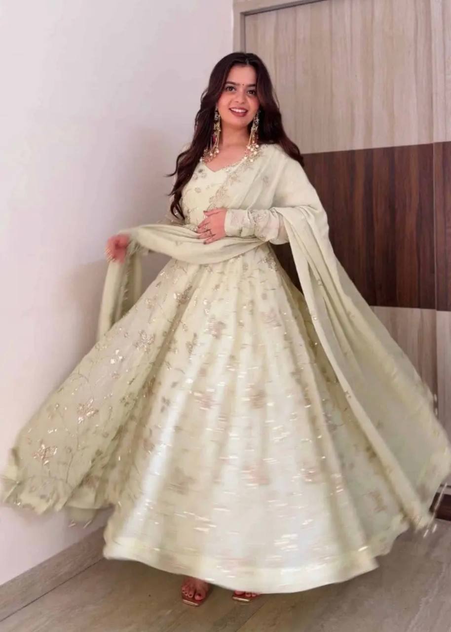 ROYAL IVORY FENDY SILK BASE EMBROIDERED ANARKALI GOWN
