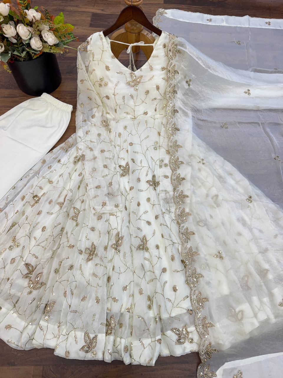 ROYAL IVORY FENDY SILK BASE EMBROIDERED ANARKALI GOWN