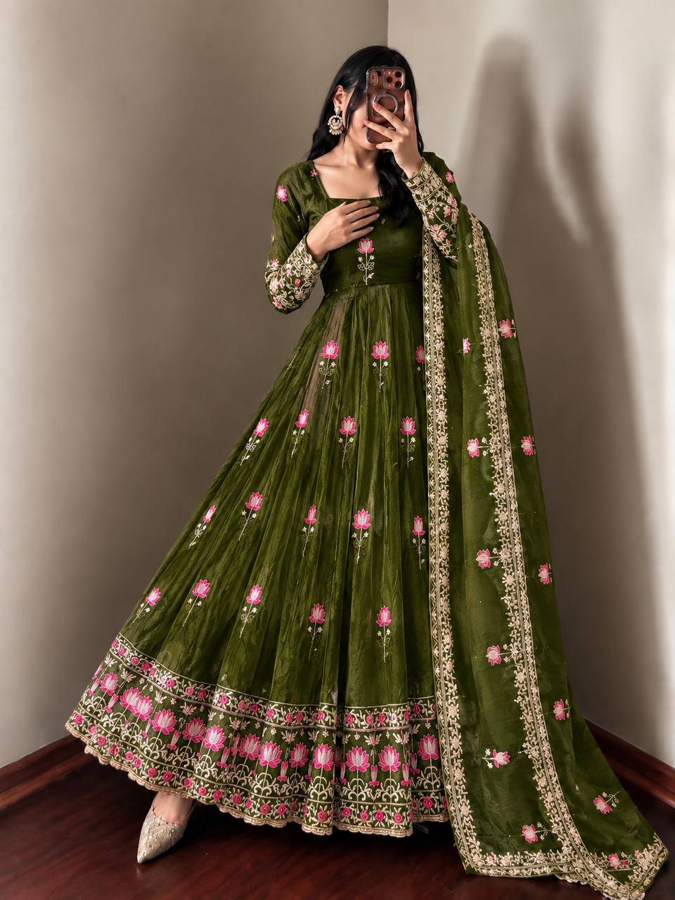 MEHENDI GREEN FLORAL FENDY SILK BASE EMBROIDERED FLARED ANARKALI SUIT SET