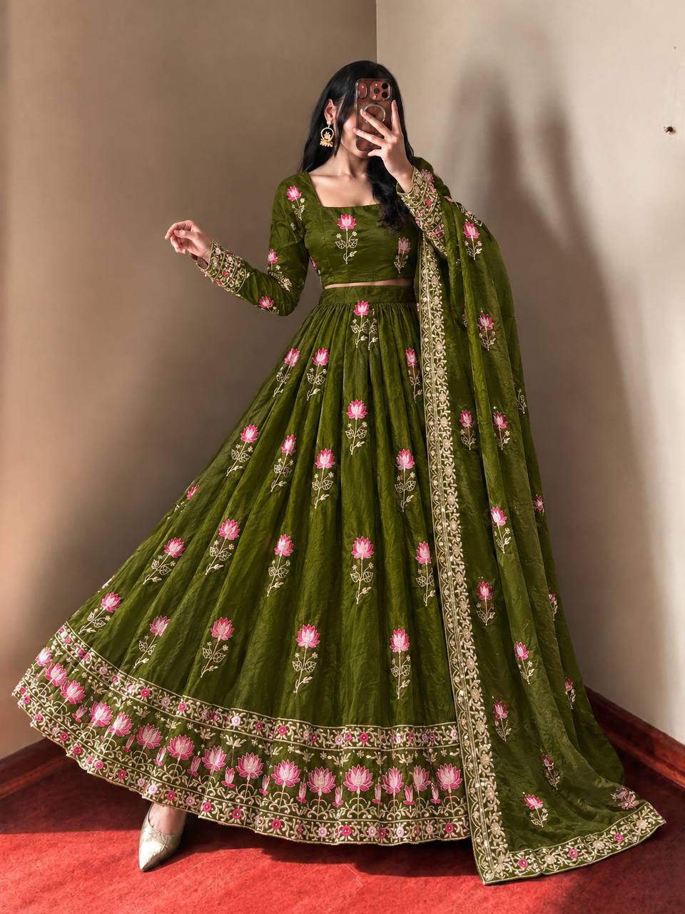 MEHENDI GREEN FLORAL FENDY SILK BASE EMBROIDERED FLARED ANARKALI SUIT SET