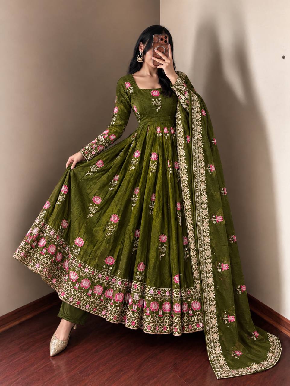 MEHENDI GREEN FLORAL FENDY SILK BASE EMBROIDERED FLARED ANARKALI SUIT SET