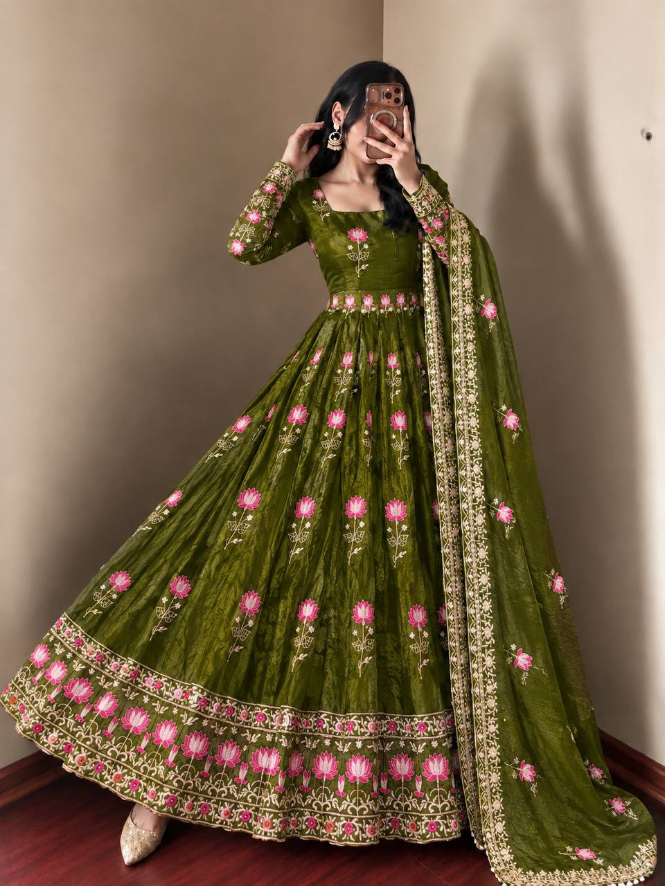 MEHENDI GREEN FLORAL FENDY SILK BASE EMBROIDERED FLARED ANARKALI SUIT SET