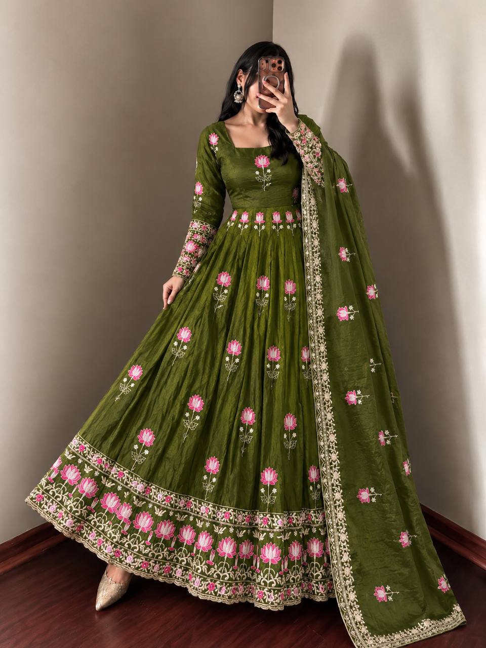 MEHENDI GREEN FLORAL FENDY SILK BASE EMBROIDERED FLARED ANARKALI SUIT SET