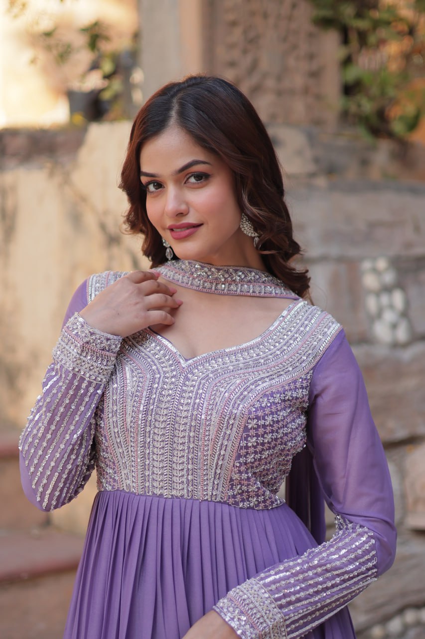 LAVENDER COLOR STAR GEORGETTE EMBROIDERED GOWN