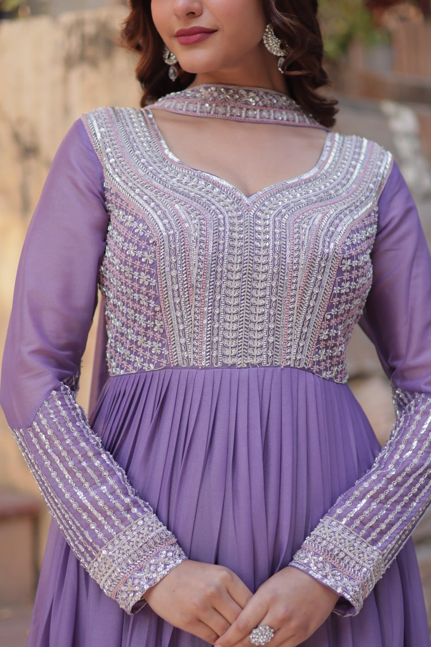 LAVENDER COLOR STAR GEORGETTE EMBROIDERED GOWN