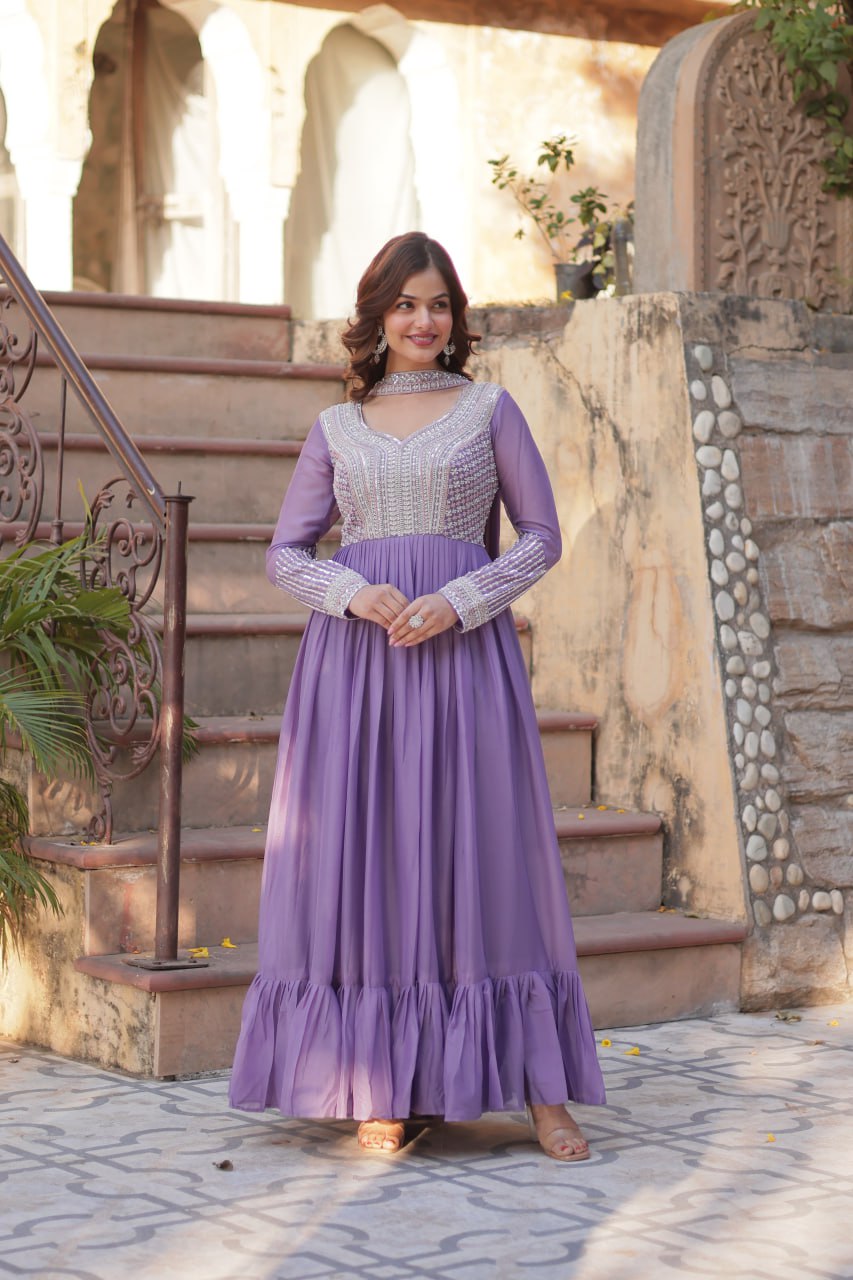LAVENDER COLOR STAR GEORGETTE EMBROIDERED GOWN