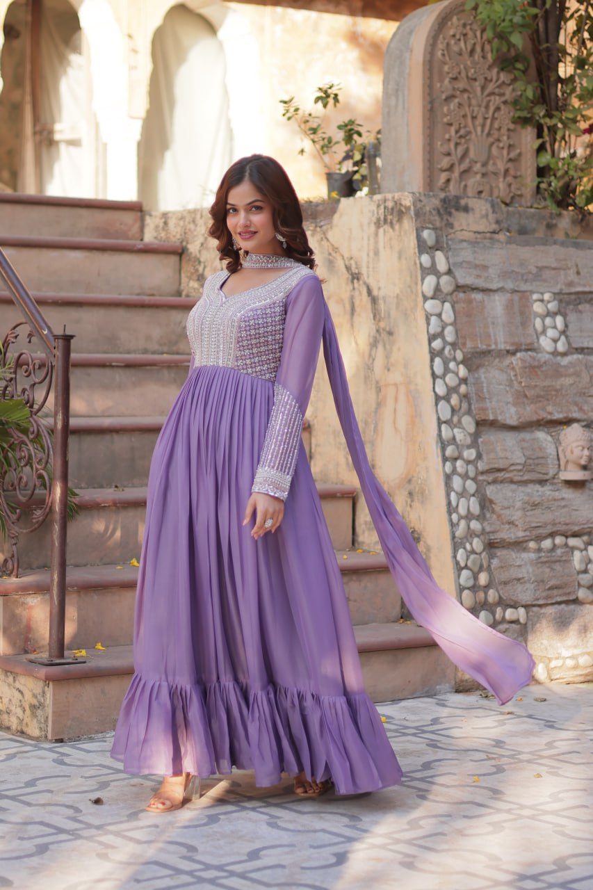 LAVENDER COLOR STAR GEORGETTE EMBROIDERED GOWN