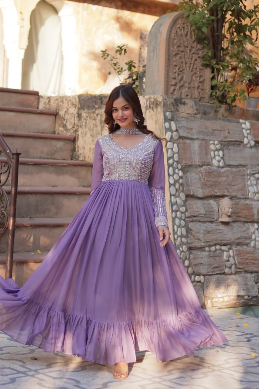 LAVENDER COLOR STAR GEORGETTE EMBROIDERED GOWN