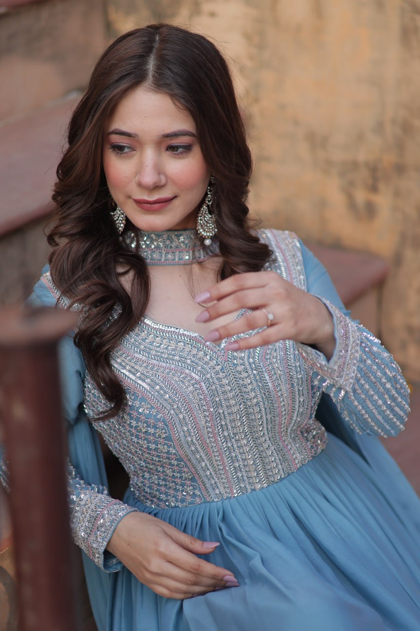 SKY COLOR STAR GEORGETTE EMBROIDERED GOWN