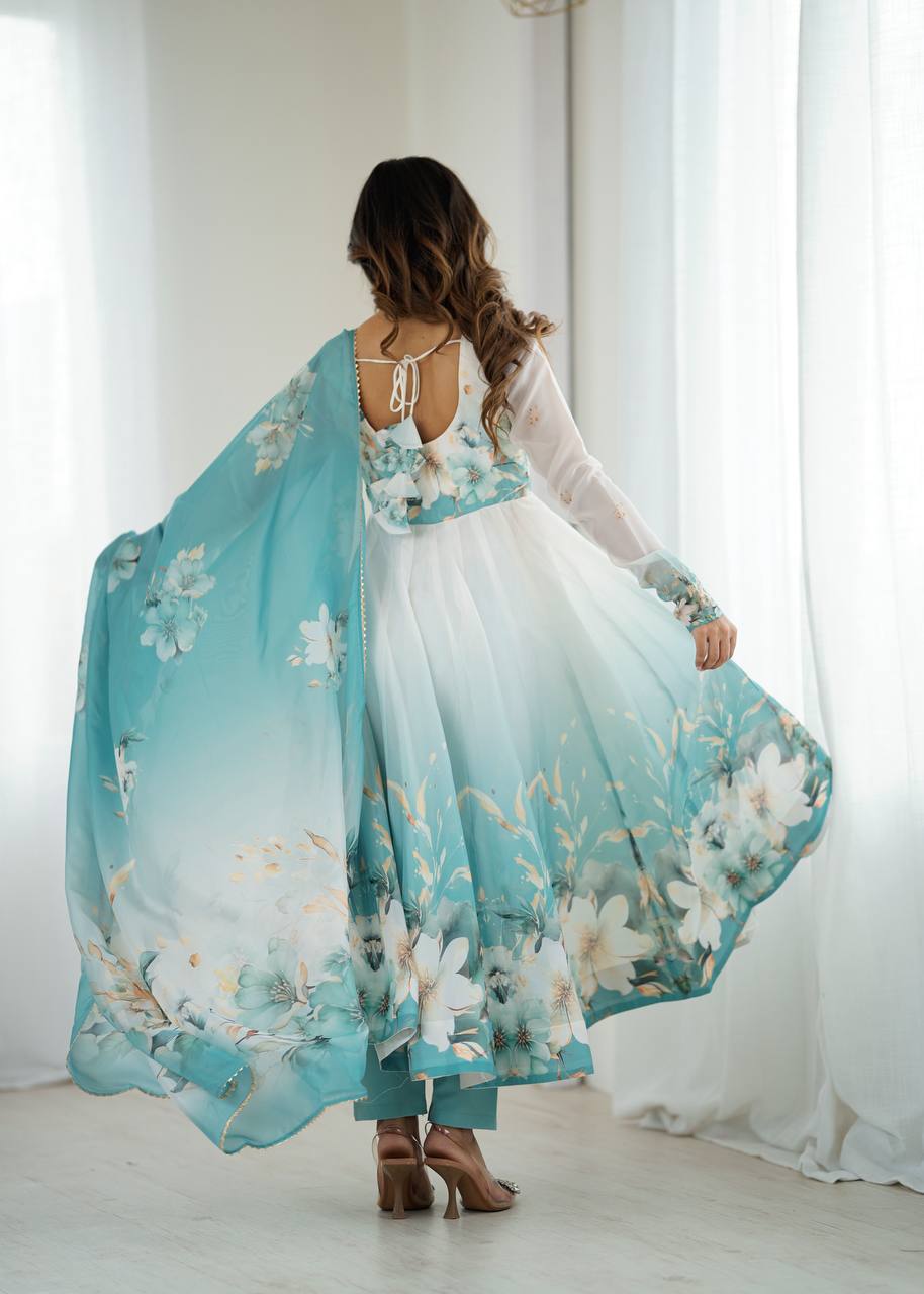 AQUA BLUE FLORAL PRINT ORGANZA BASE ANARKALI SUIT SET