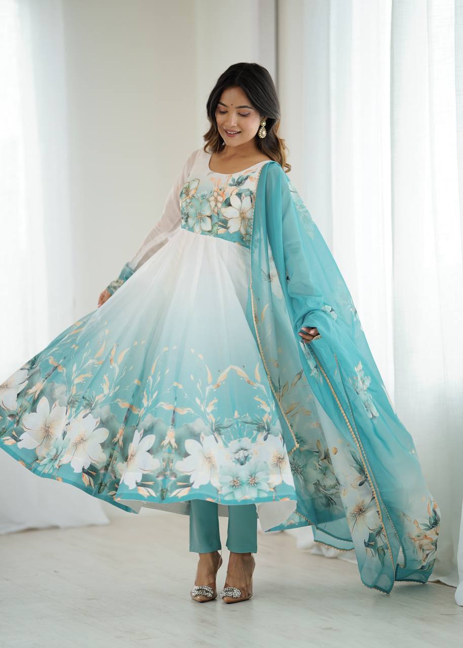 AQUA BLUE FLORAL PRINT ORGANZA BASE ANARKALI SUIT SET