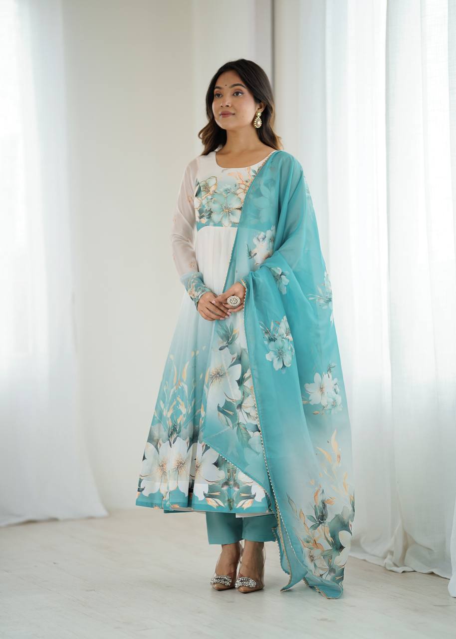 AQUA BLUE FLORAL PRINT ORGANZA BASE ANARKALI SUIT SET