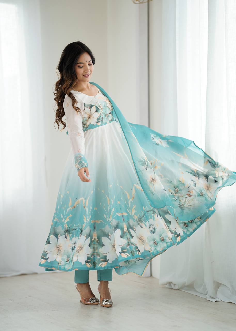 AQUA BLUE FLORAL PRINT ORGANZA BASE ANARKALI SUIT SET