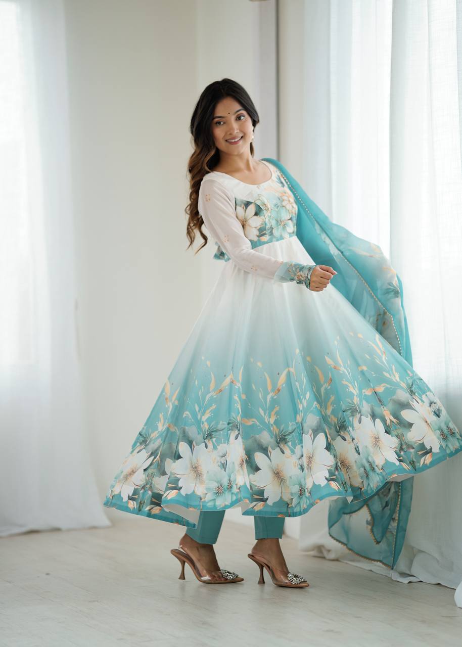 AQUA BLUE FLORAL PRINT ORGANZA BASE ANARKALI SUIT SET