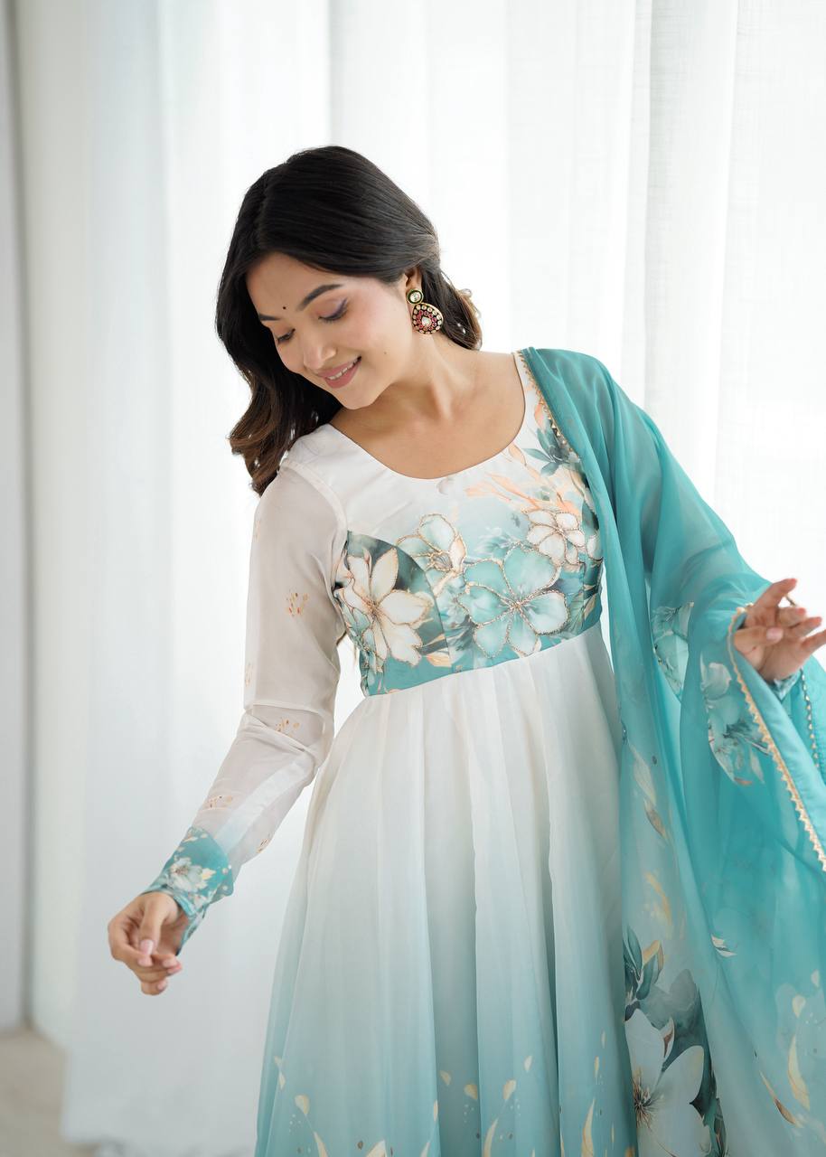 AQUA BLUE FLORAL PRINT ORGANZA BASE ANARKALI SUIT SET