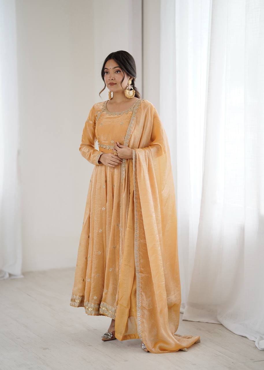 CREAM COLOR FANDY SILK BASE EMBROIDERED ANARKALI SUIT SET OF 3