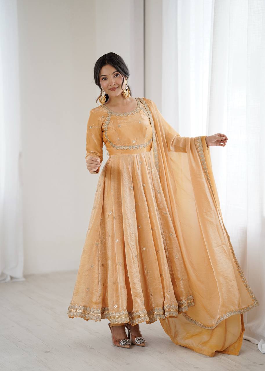 CREAM COLOR FANDY SILK BASE EMBROIDERED ANARKALI SUIT SET OF 3