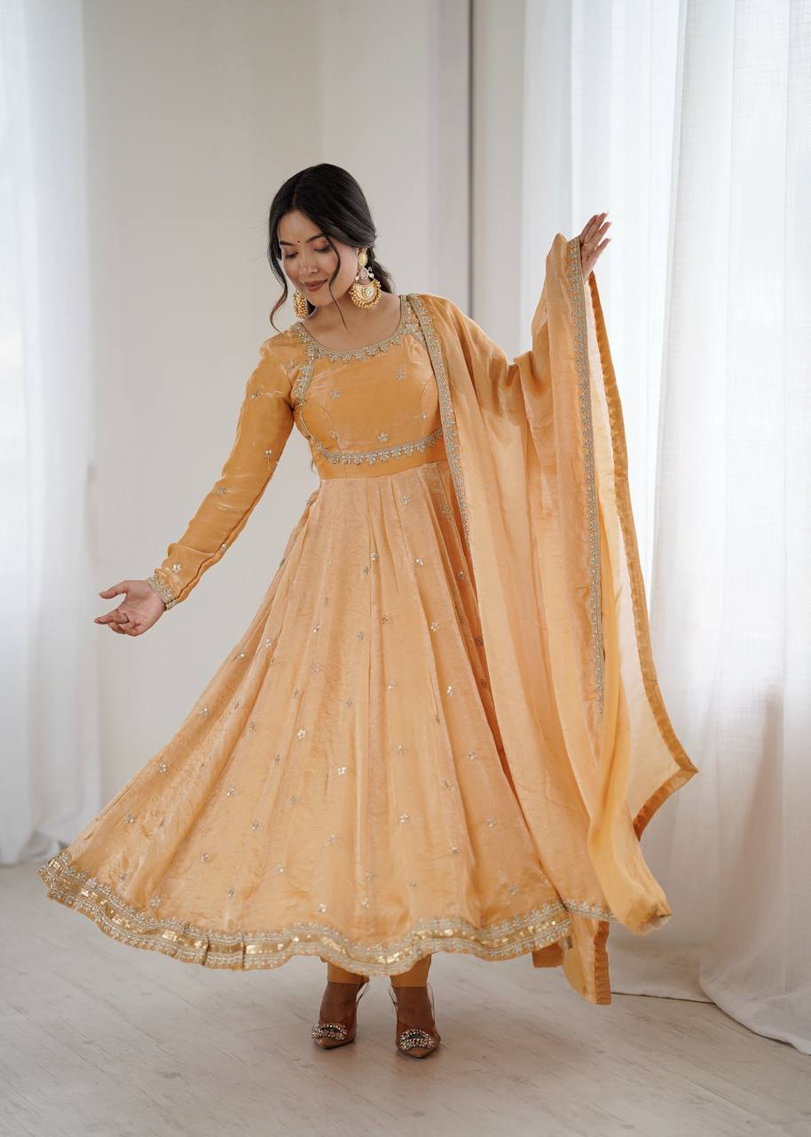 CREAM COLOR FANDY SILK BASE EMBROIDERED ANARKALI SUIT SET OF 3