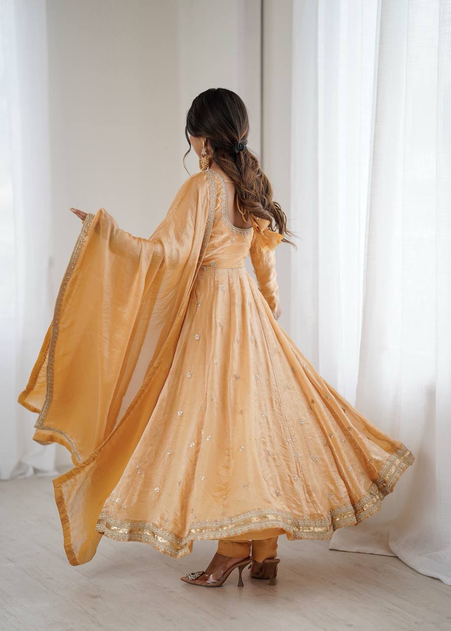 CREAM COLOR FANDY SILK BASE EMBROIDERED ANARKALI SUIT SET OF 3