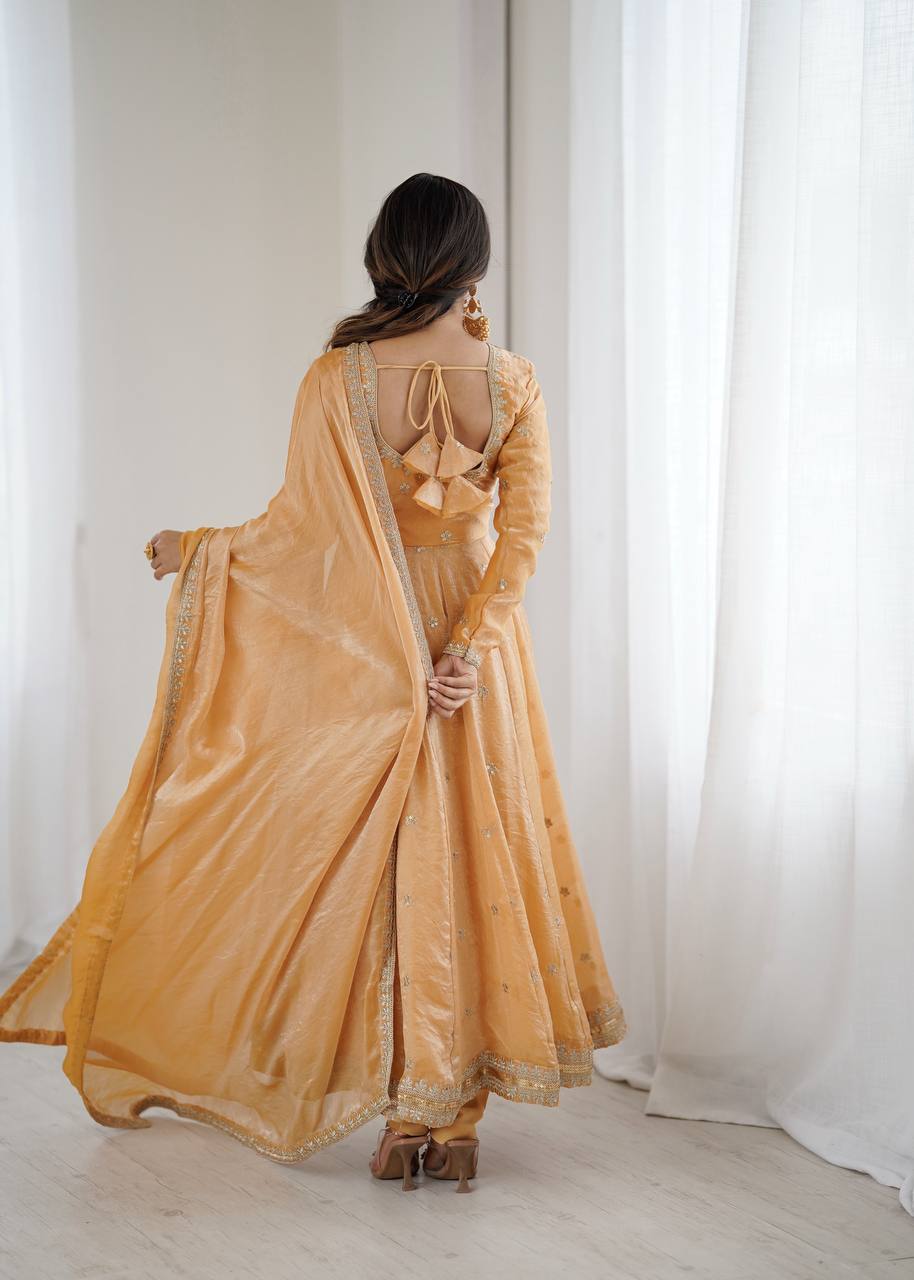 CREAM COLOR FANDY SILK BASE EMBROIDERED ANARKALI SUIT SET OF 3