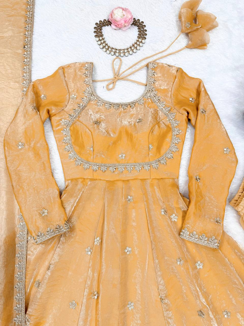 CREAM COLOR FANDY SILK BASE EMBROIDERED ANARKALI SUIT SET OF 3