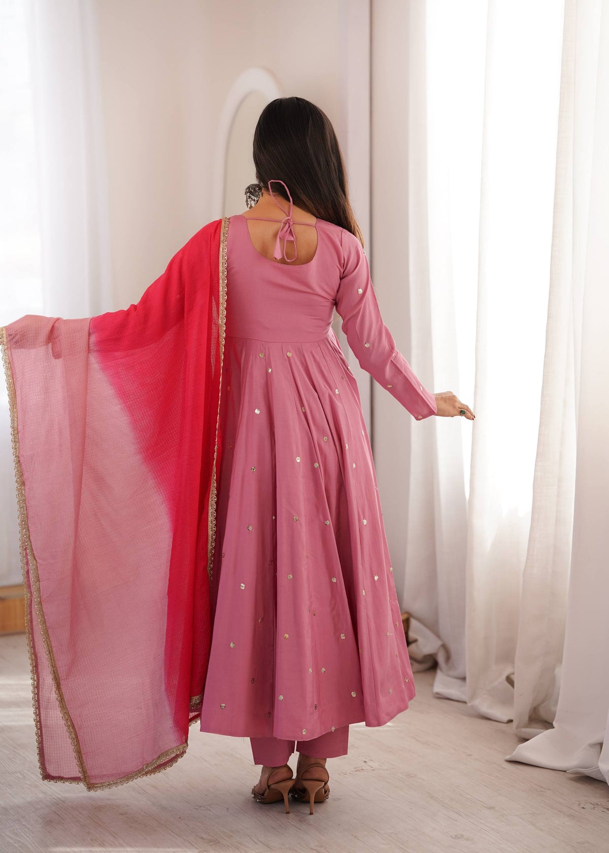 ETHNIC DUSTY MAUVE ROMAN SILK ANARKALI SUIT SET