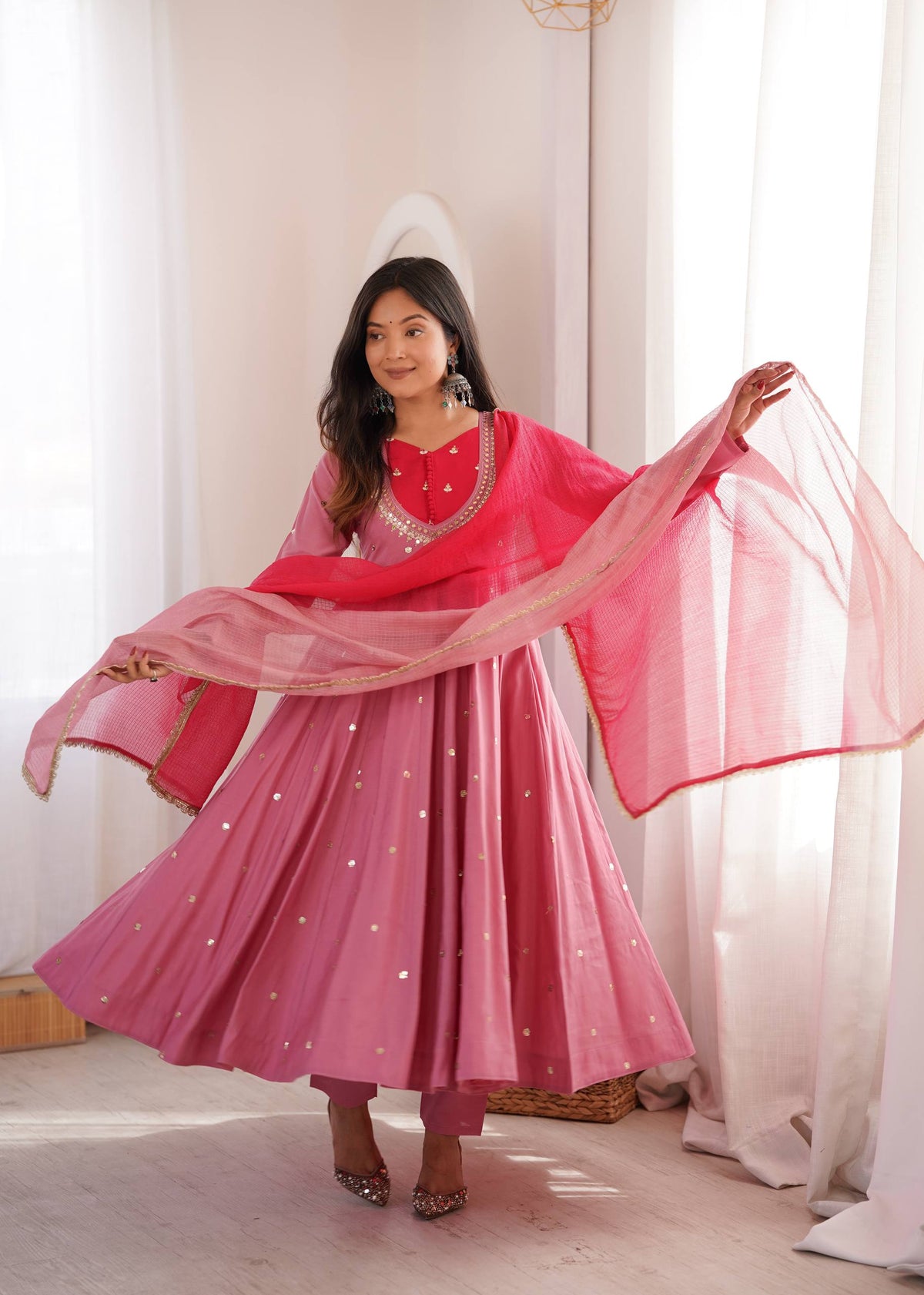 ETHNIC DUSTY MAUVE ROMAN SILK ANARKALI SUIT SET