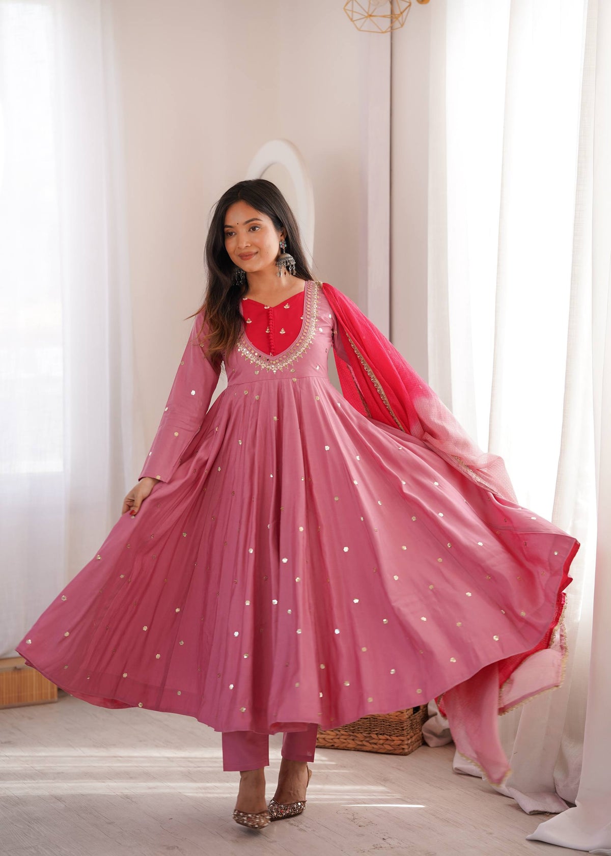 ETHNIC DUSTY MAUVE ROMAN SILK ANARKALI SUIT SET