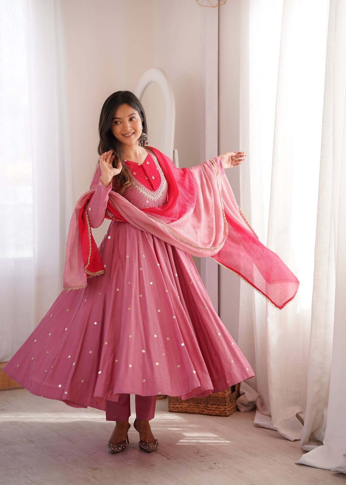 ETHNIC DUSTY MAUVE ROMAN SILK ANARKALI SUIT SET