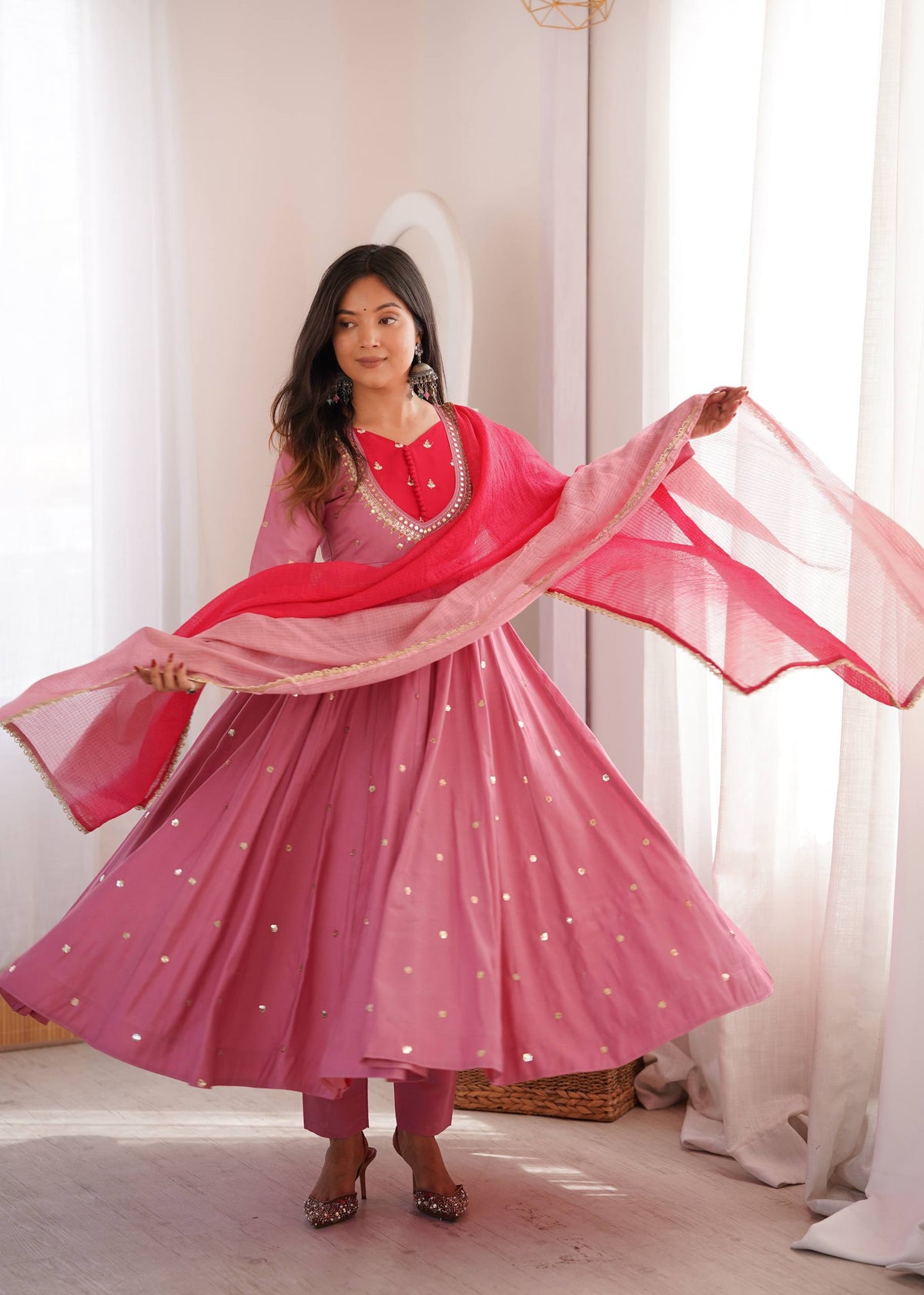 ETHNIC DUSTY MAUVE ROMAN SILK ANARKALI SUIT SET
