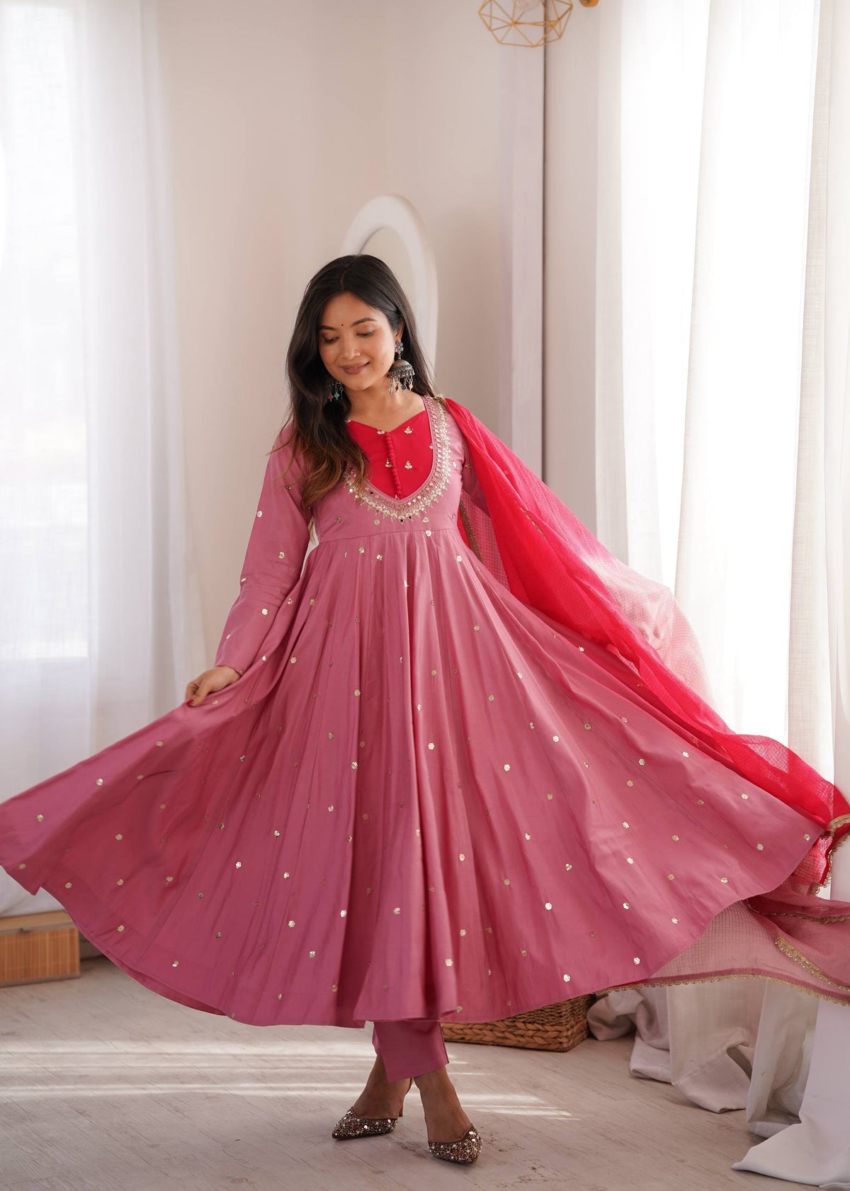 ETHNIC DUSTY MAUVE ROMAN SILK ANARKALI SUIT SET