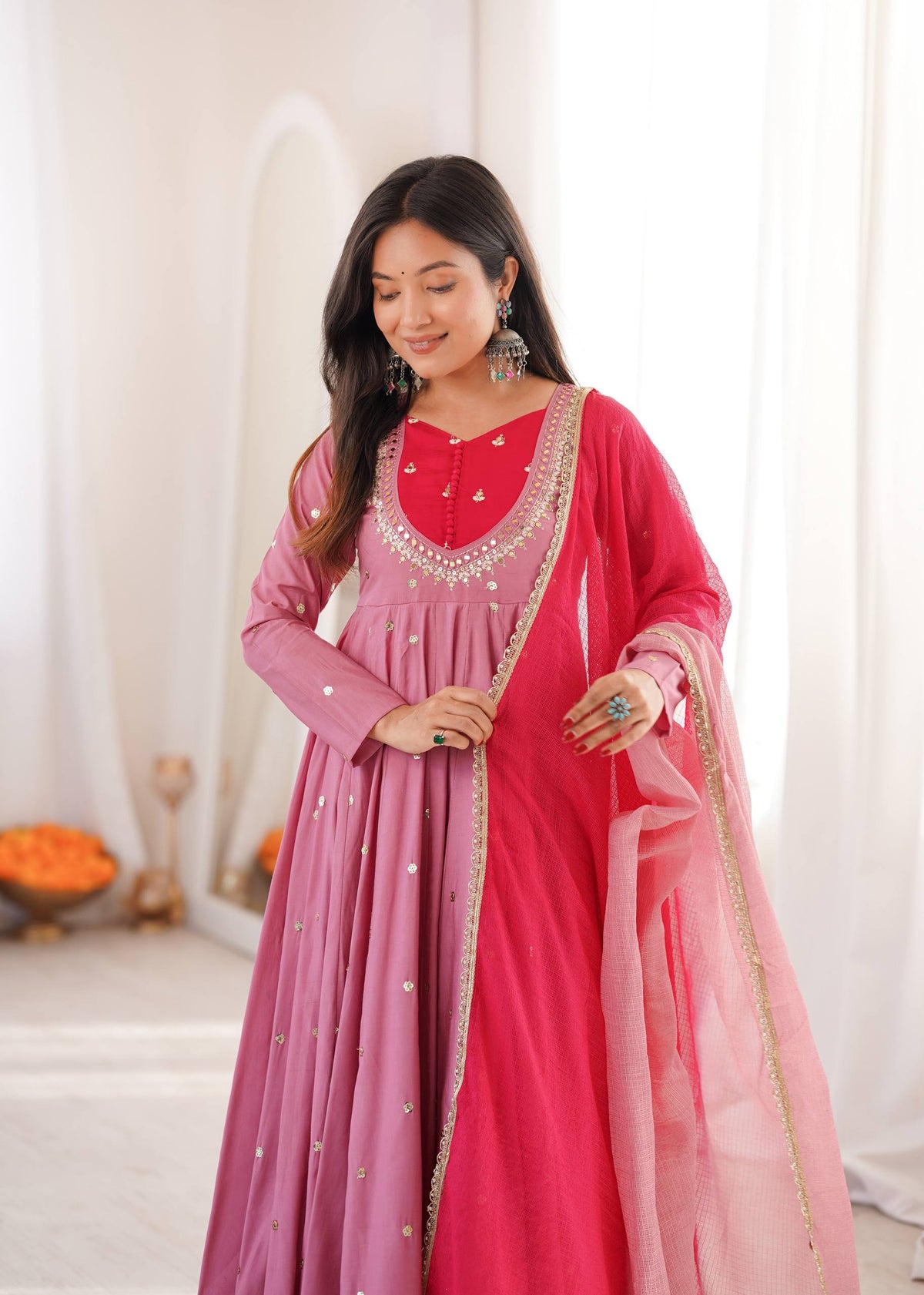 ETHNIC DUSTY MAUVE ROMAN SILK ANARKALI SUIT SET