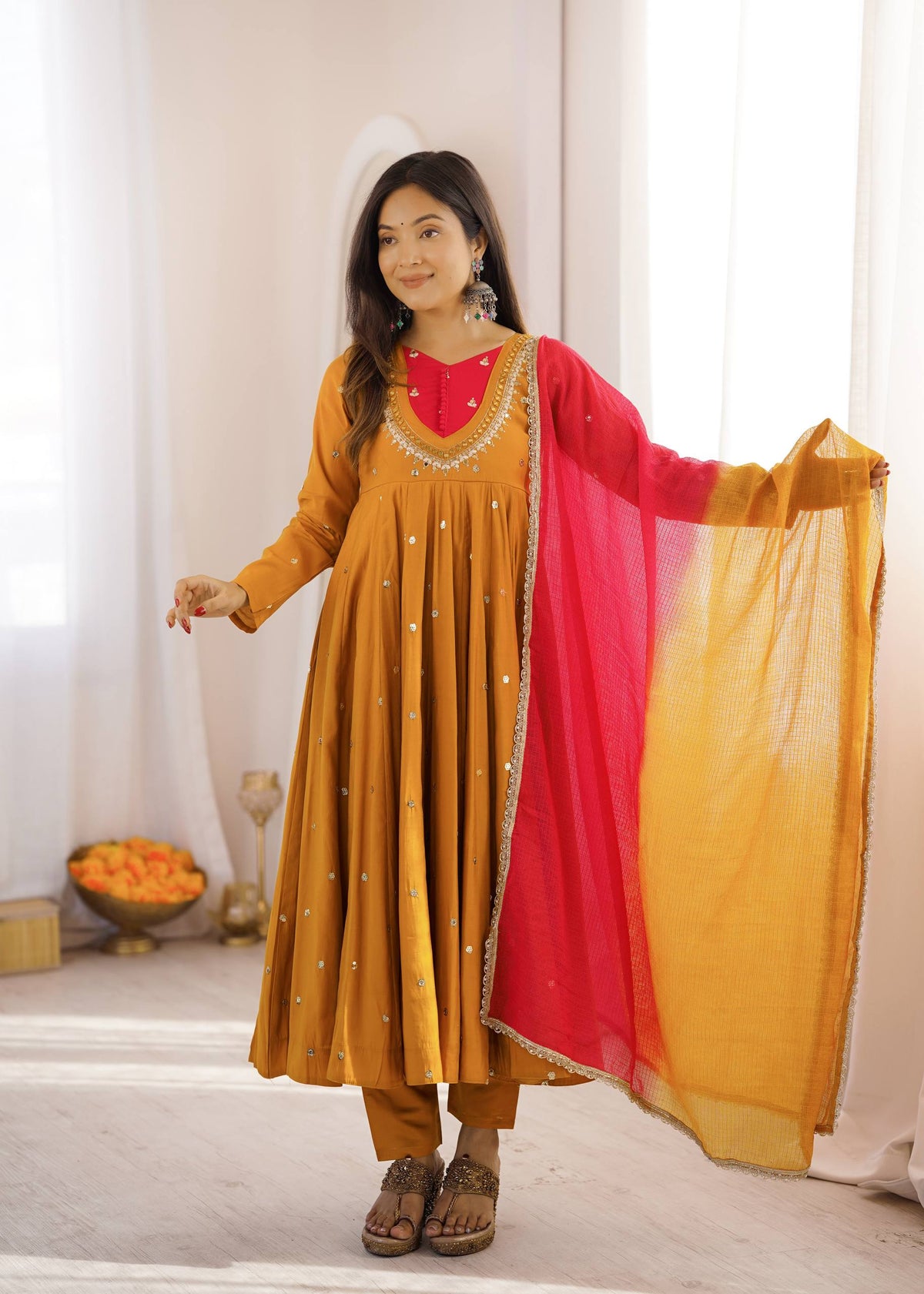 LUXURY MUSTARD YELLOW EMBROIDERED ANARKALI SUIT SET