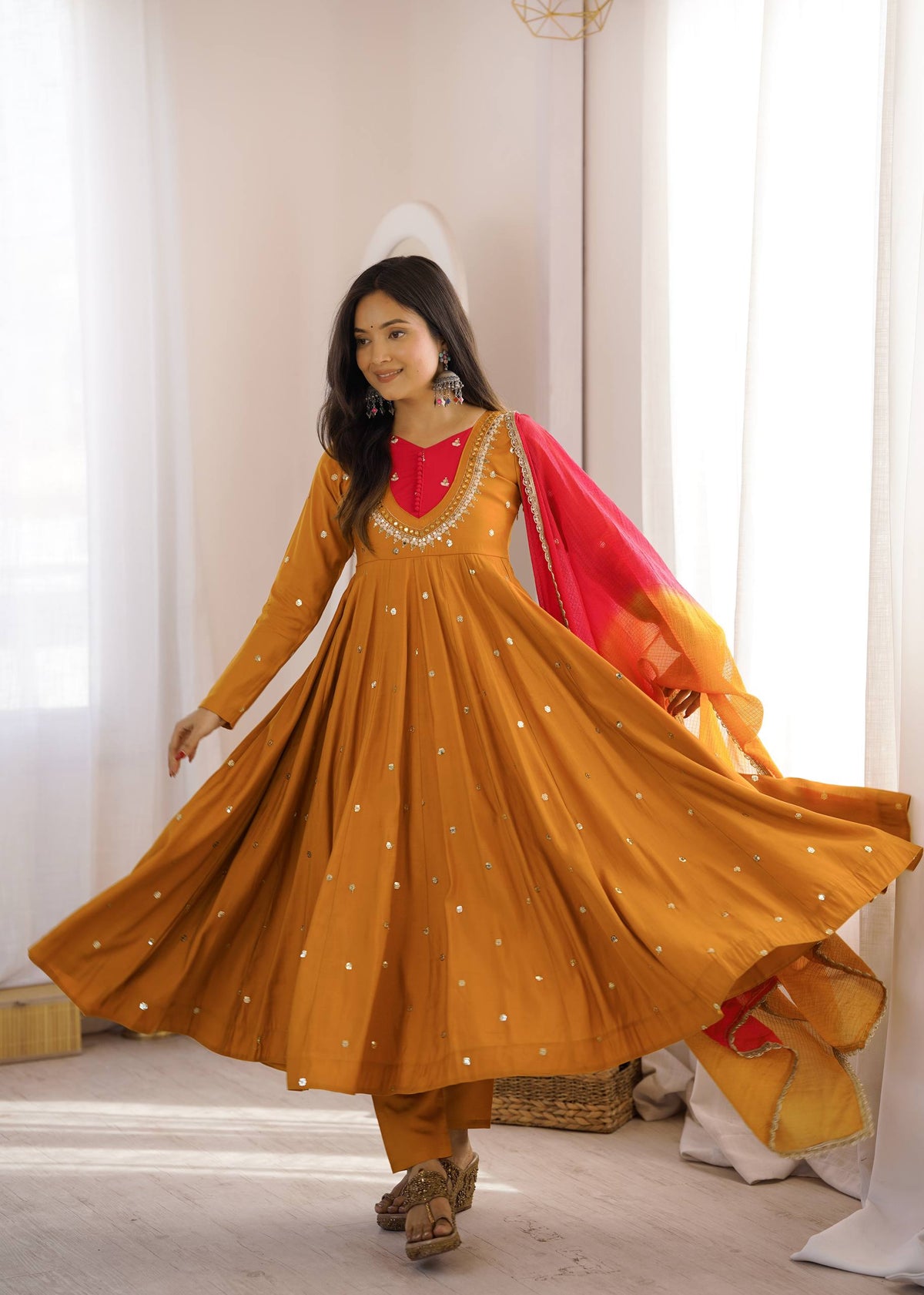 LUXURY MUSTARD YELLOW EMBROIDERED ANARKALI SUIT SET