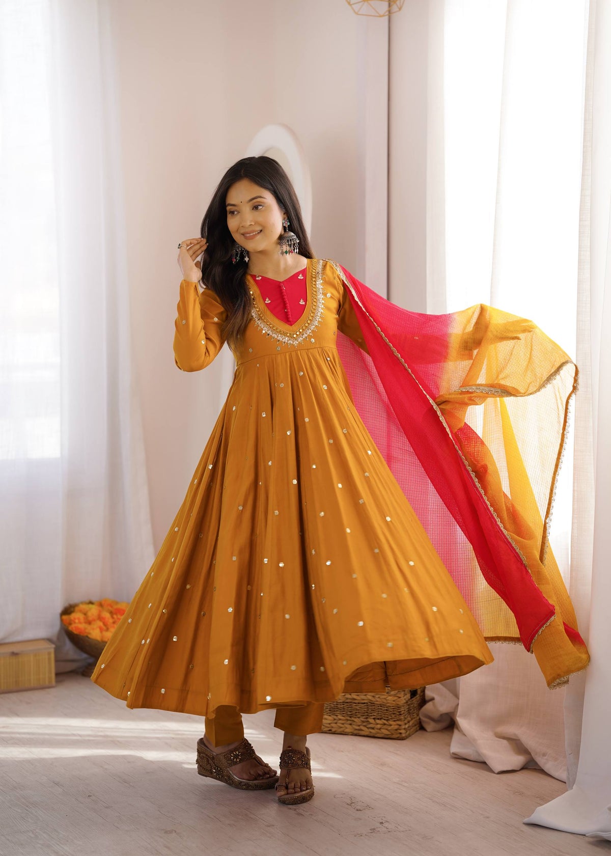LUXURY MUSTARD YELLOW EMBROIDERED ANARKALI SUIT SET