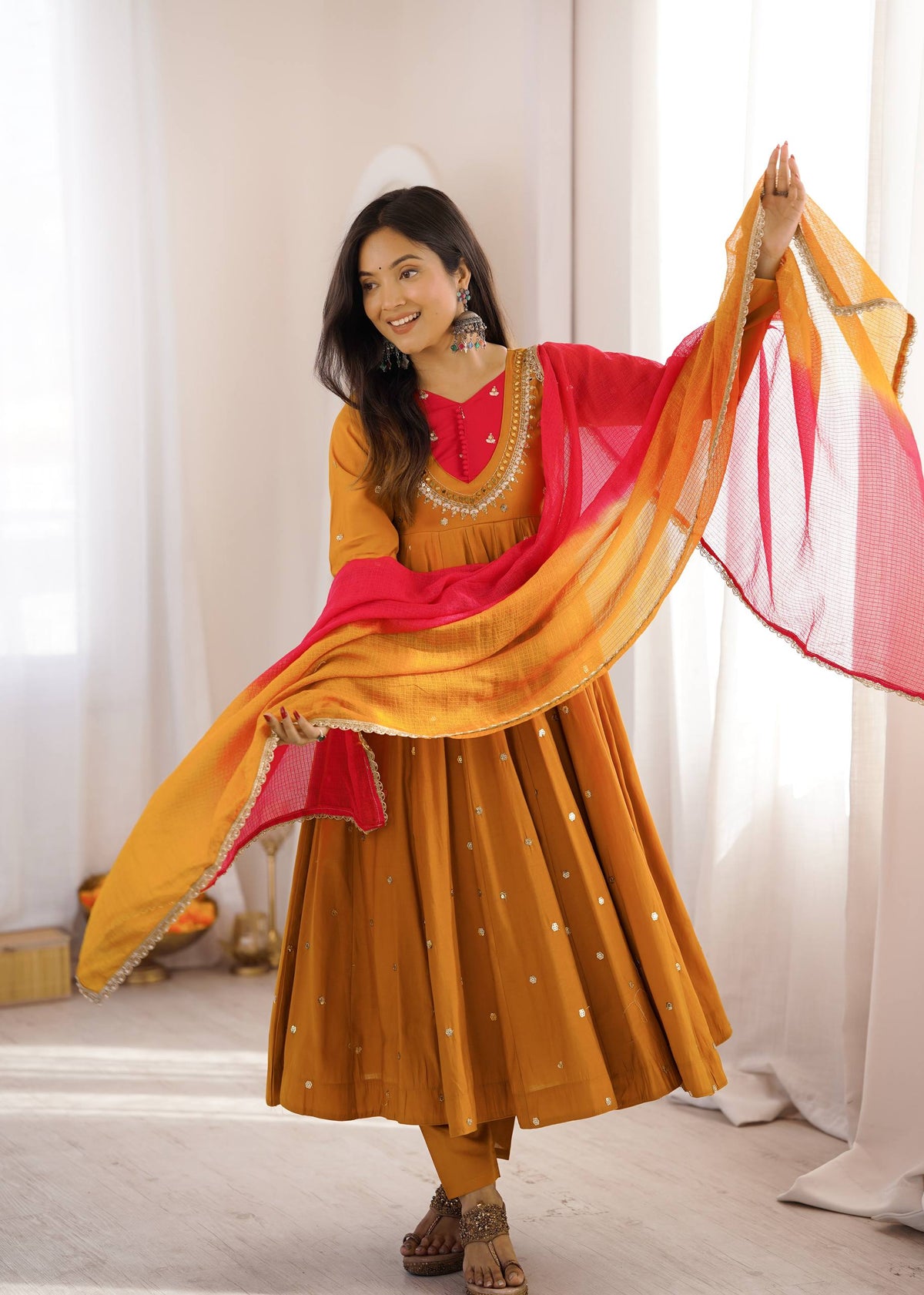 LUXURY MUSTARD YELLOW EMBROIDERED ANARKALI SUIT SET