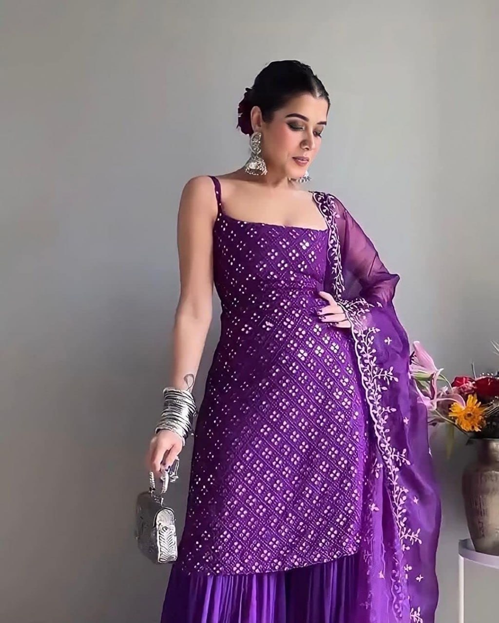 PURPLE SEQUENCE WORK THREE PIECE SHARARA SUIT