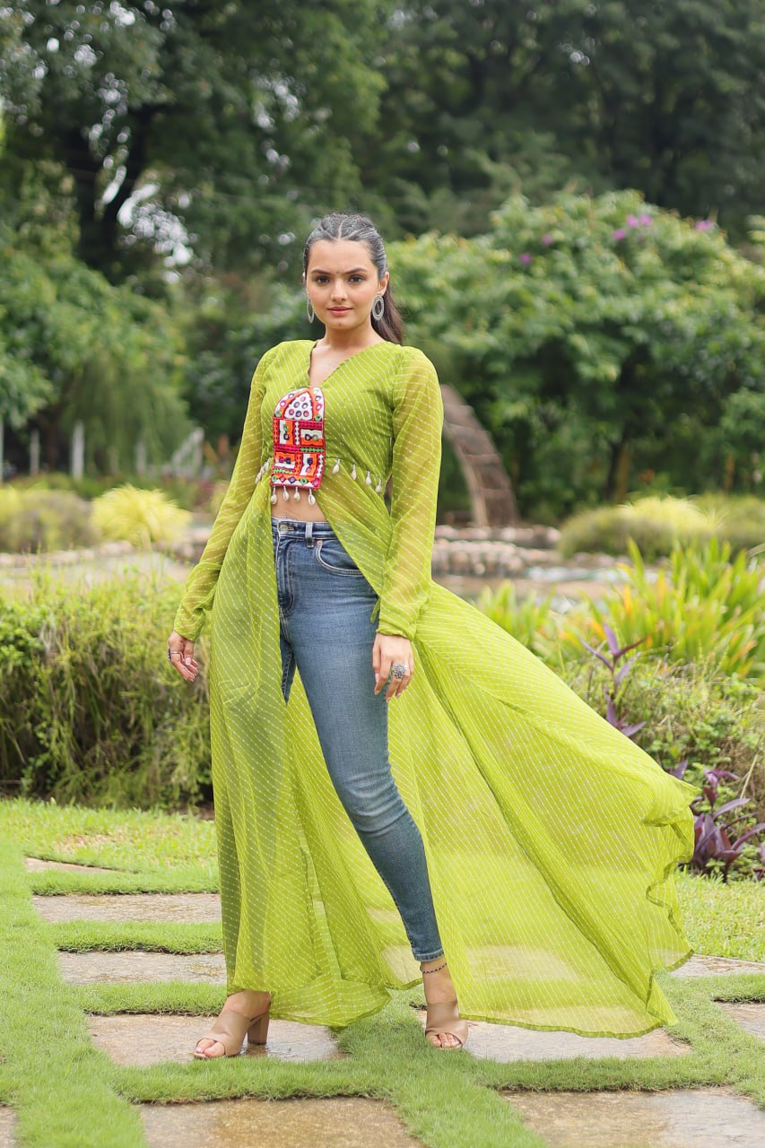 PARROT GREEN COLOR GEORGETTE LAHERIYA PRINT NAVRATRI KURTI