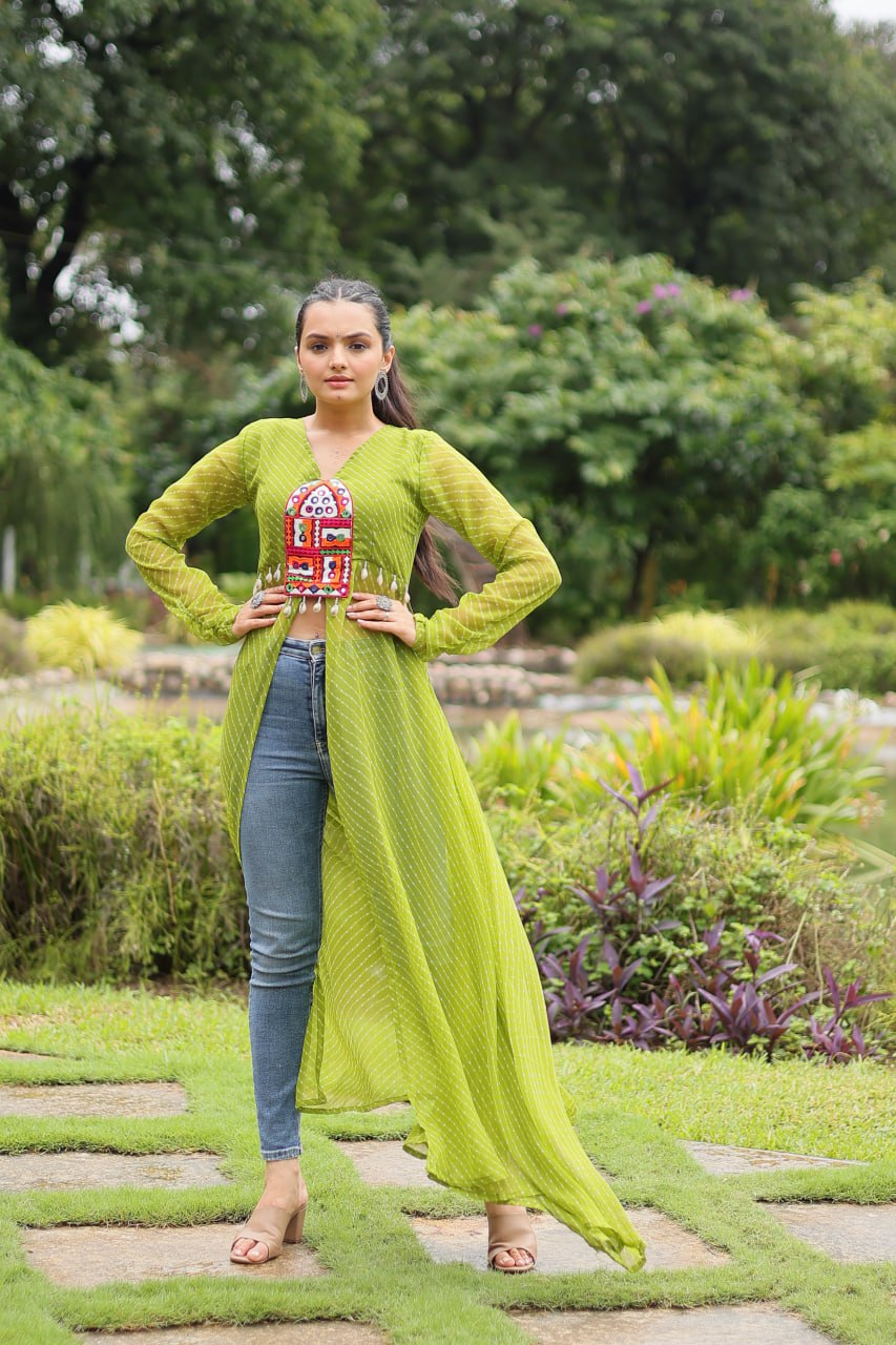 PARROT GREEN COLOR GEORGETTE LAHERIYA PRINT NAVRATRI KURTI