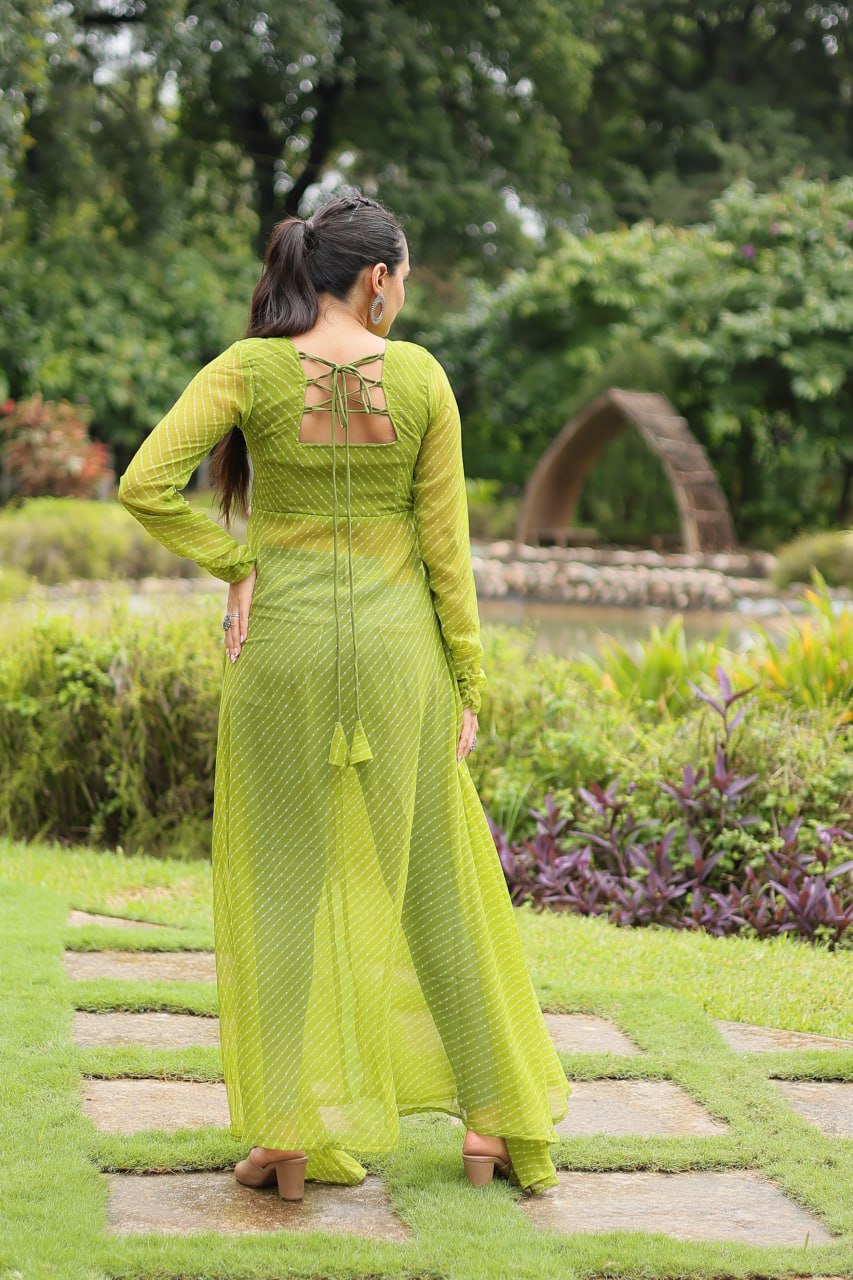 PARROT GREEN COLOR GEORGETTE LAHERIYA PRINT NAVRATRI KURTI