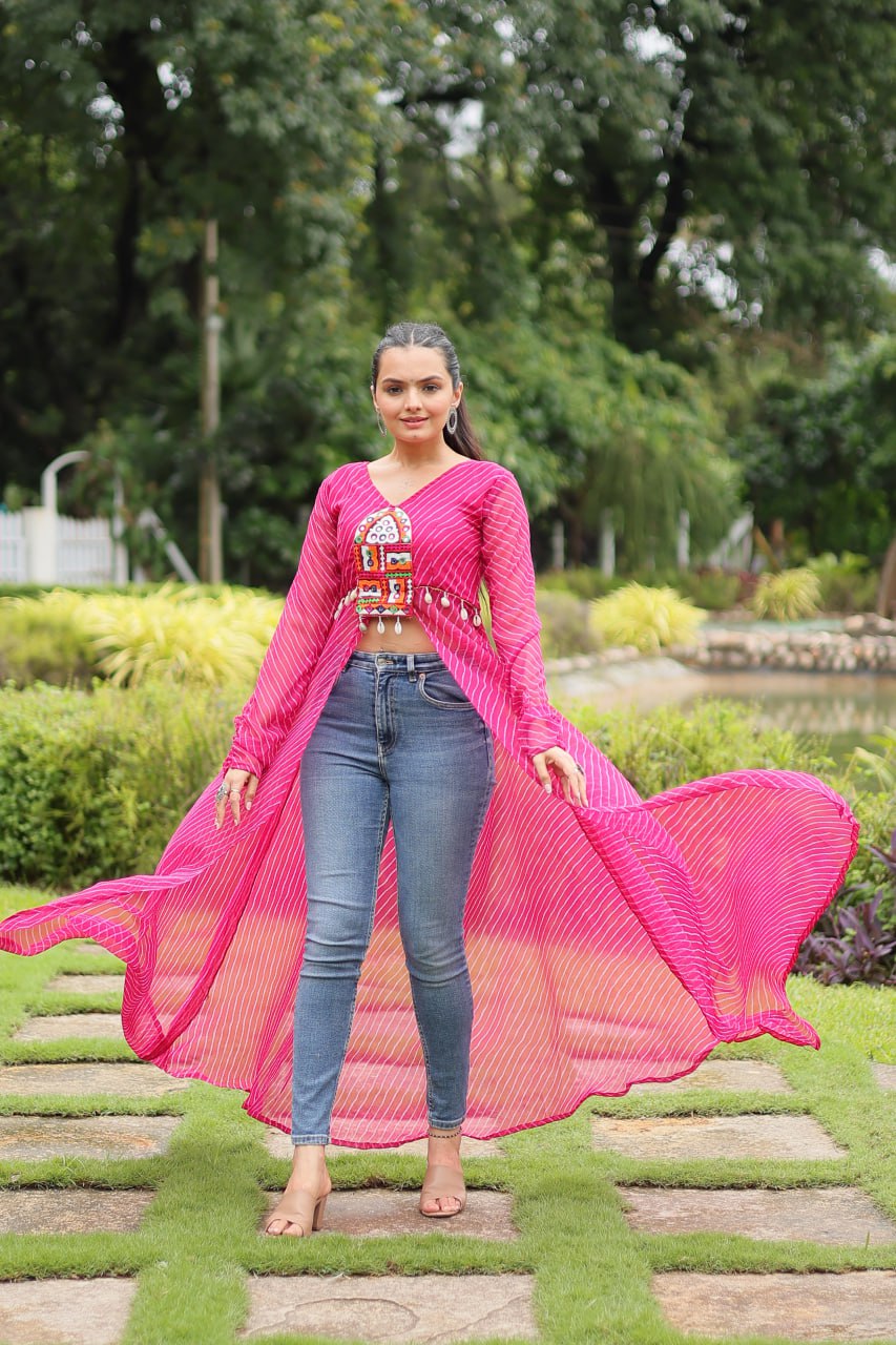 RANI PINK COLOR GEORGETTE LAHERIYA PRINT NAVRATRI KURTI