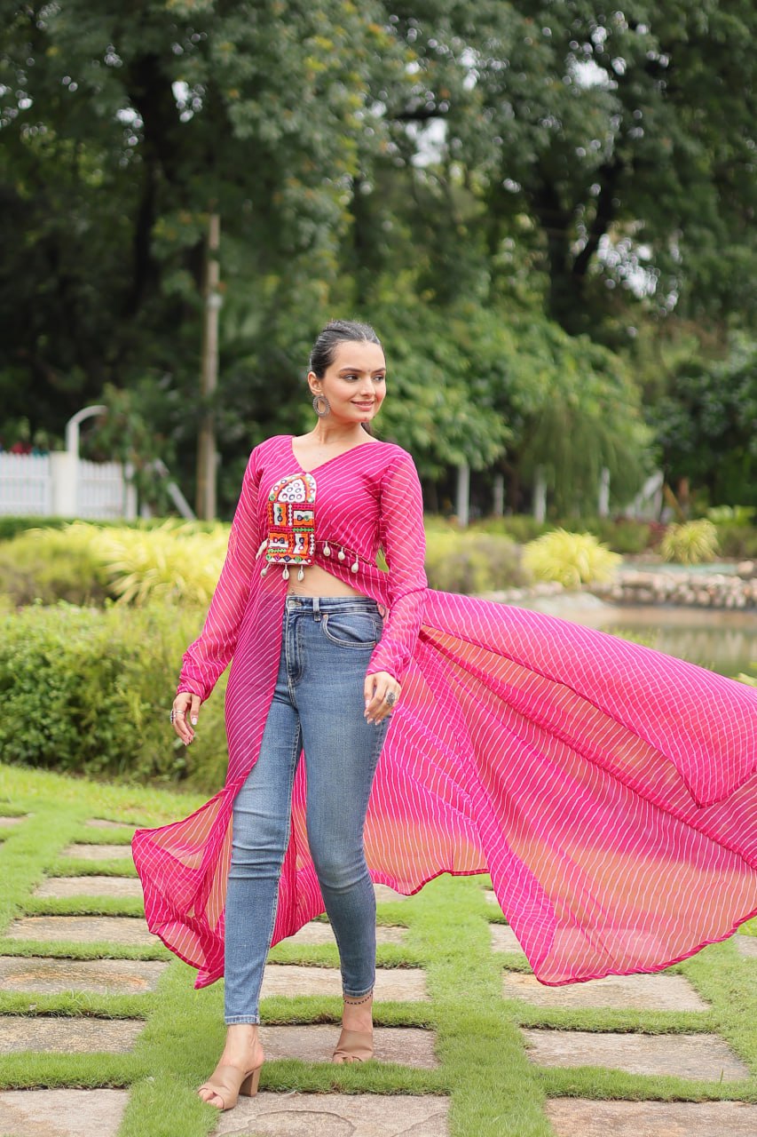 RANI PINK COLOR GEORGETTE LAHERIYA PRINT NAVRATRI KURTI