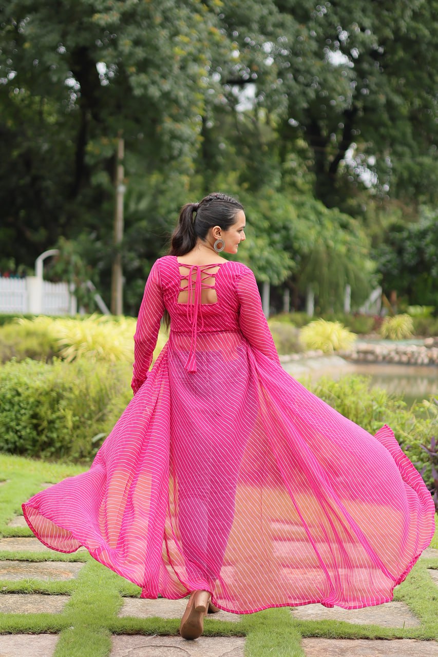 RANI PINK COLOR GEORGETTE LAHERIYA PRINT NAVRATRI KURTI