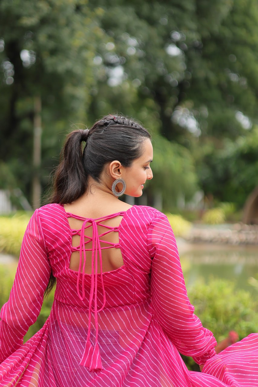 RANI PINK COLOR GEORGETTE LAHERIYA PRINT NAVRATRI KURTI