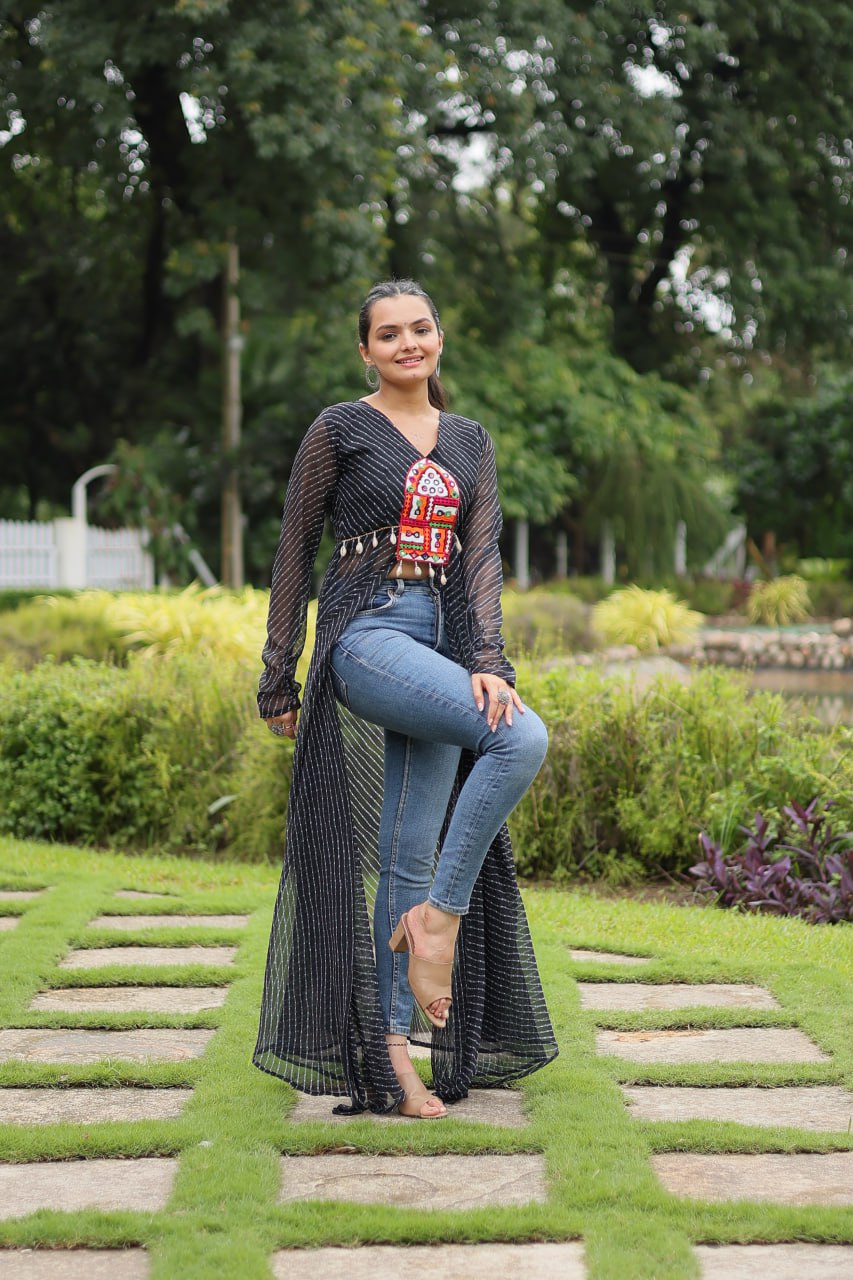 BLACK COLOR GEORGETTE LAHERIYA PRINT NAVRATRI KURTI