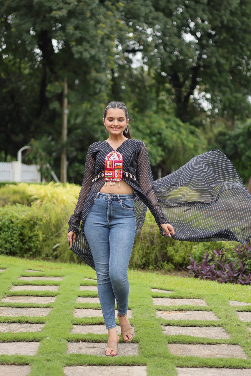 BLACK COLOR GEORGETTE LAHERIYA PRINT NAVRATRI KURTI