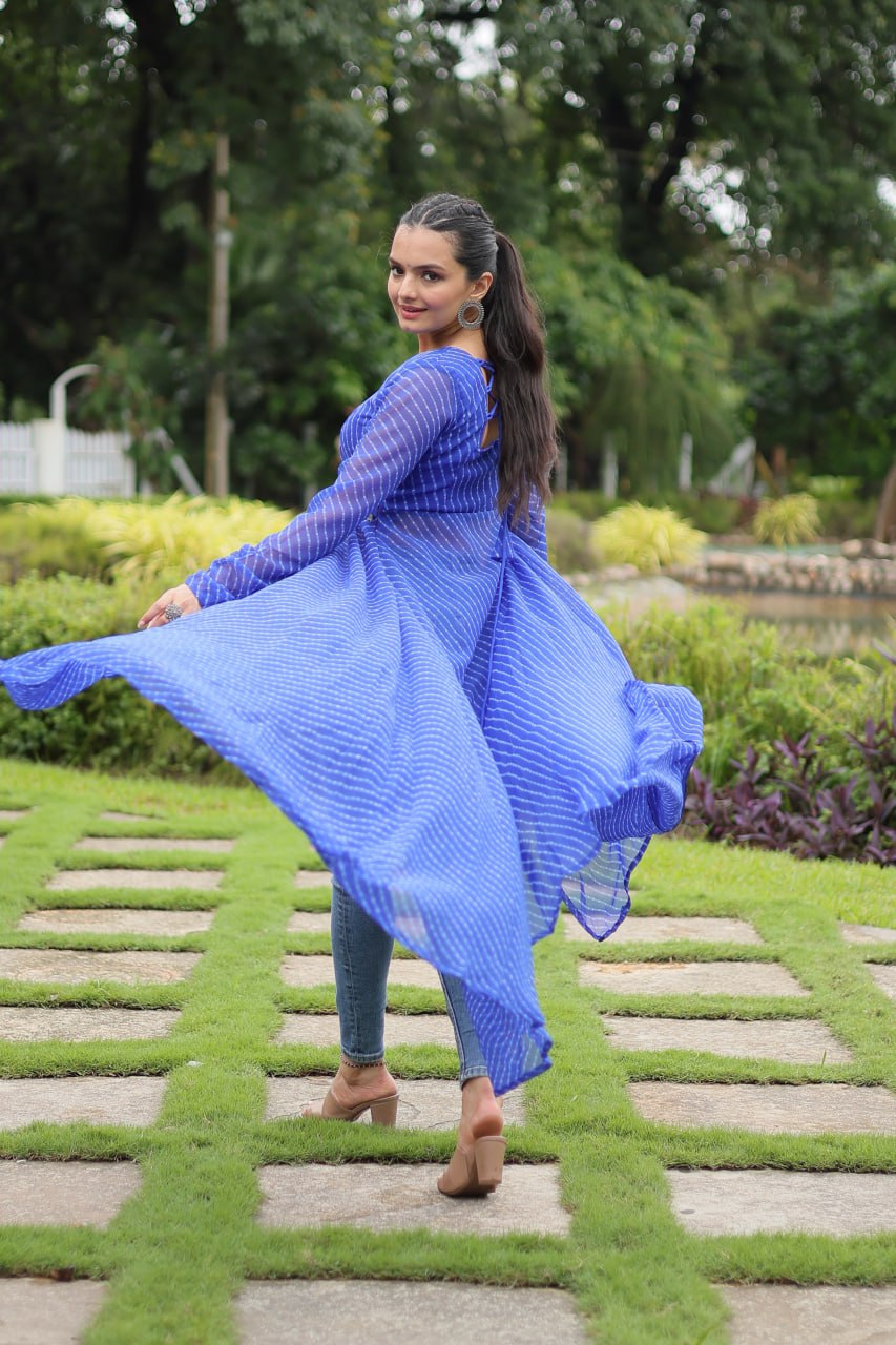 BLUE COLOR GEORGETTE LAHERIYA PRINT NAVRATRI KURTI