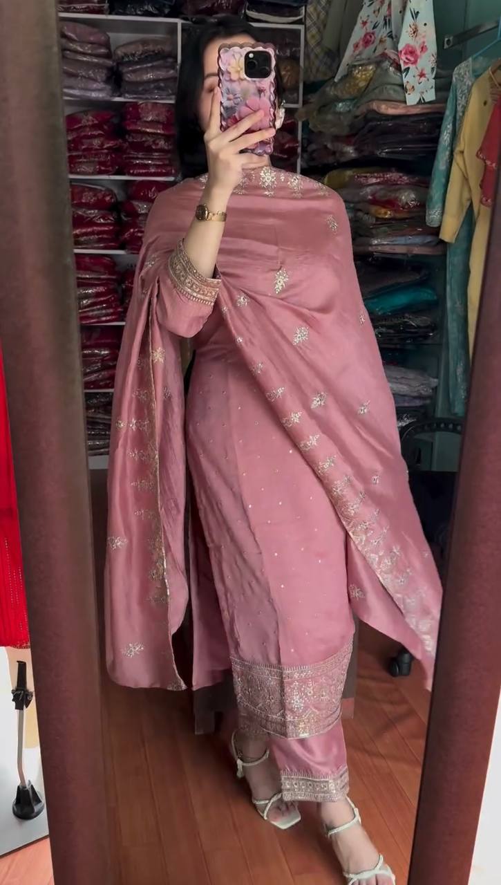PRETTY PINK CHINON SILK HEAVY EMBROIDERY SEQUENCE SALWAR SUIT